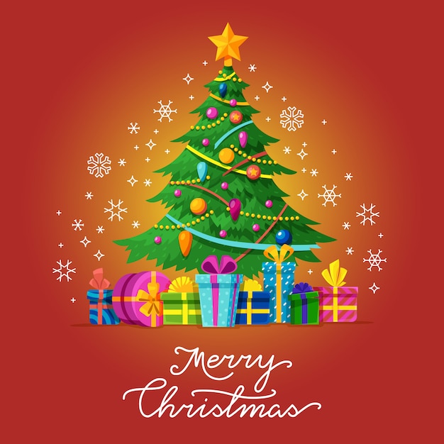 Merry Christmas vector greeting card with Xmas tree