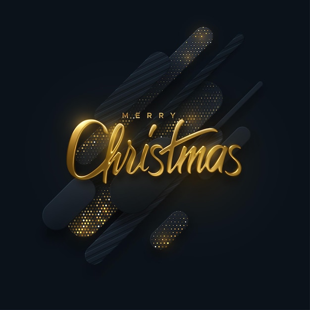 Merry Christmas. Vector holiday illustration. Festive golden 3d lettering on black papercut background. Geometric shapes textured with glitters. Festive banner design. Christian religious event sign