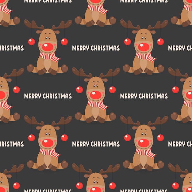 Merry Christmas Vector Seamless Pattern with Christmas Cute Reindeer with Christmas Balls on the Horns in Flat Style on Black Background Design Template Cartoon Kids Character