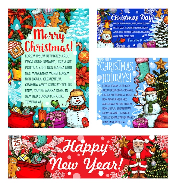 Merry Christmas vector sketch greeting cards