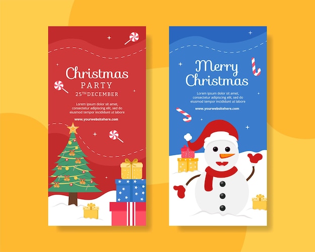 Merry Christmas Vertical Banner Template Hand Drawn Cartoon Flat Illustration