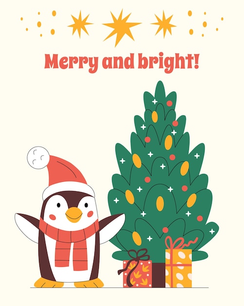 Merry Christmas vertical greeting card with a cute penguin presents and decorated tree