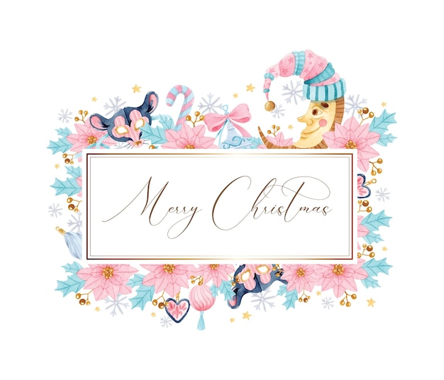 Merry Christmas watercolor floral frame for greeting card and invitation