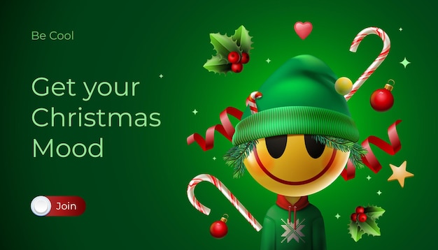 Merry Christmas web banner. Mobile application with Christmas Elf emoji smiling face, vector image