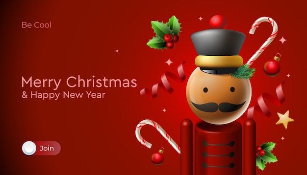 Merry Christmas web banner with Christmas nutcracker and xmas decoration Happy New year vector imag