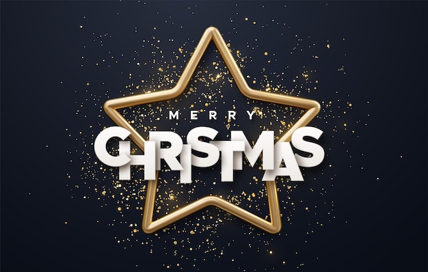 Merry Christmas white paper sign and Golden Christmas star frame with confetti particles