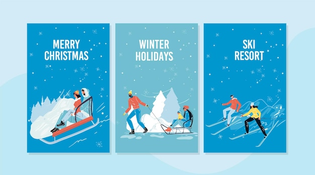 Merry Christmas, winter holidays on sky resort card set