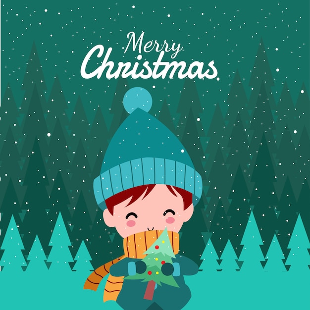 Merry Christmas with Cute Kawaii Hand Drawn Boy Wearing Winter Costume And Holding Green Leaves With Smiling And Funny Face Cartoon Vector Character Illustration