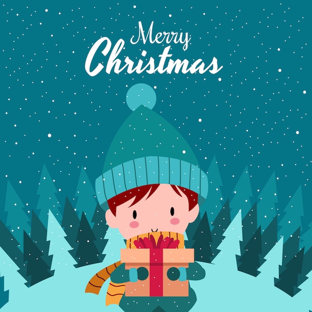 Merry Christmas with Cute Kawaii Hand Drawn Boy Wearing Winter Costume