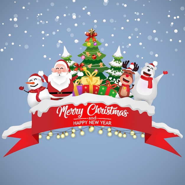 Merry Christmas with greeting Santa and friends