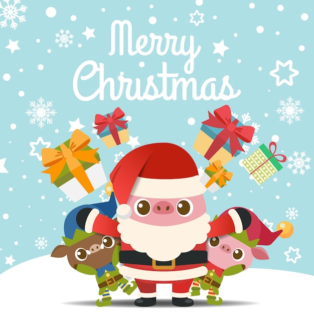 Merry Christmas with Pigs in Santa Claus and elf costume.