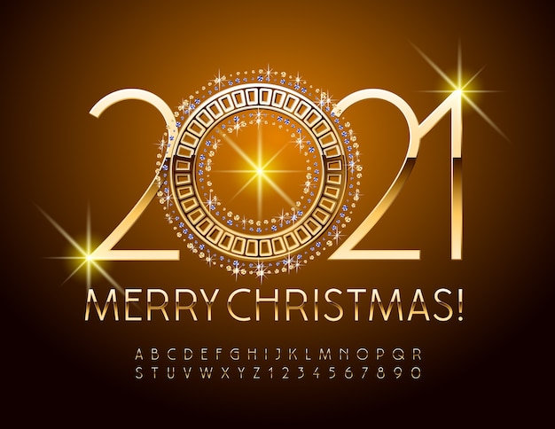 Merry Christmas with Sparkling Brilliant Ornate. Elegant shiny Font. Golden Alphabet Letters and Numbers set