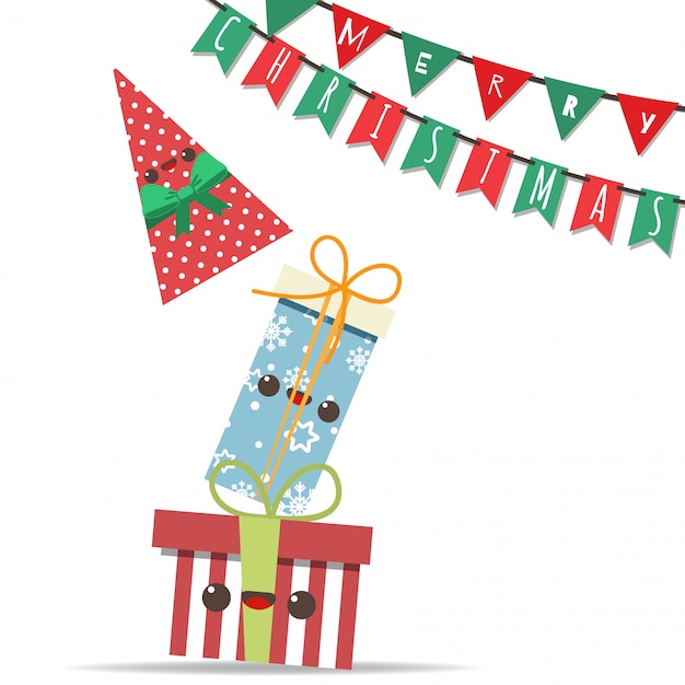 Merry Christmas with tower of Gift boxs and party flag.