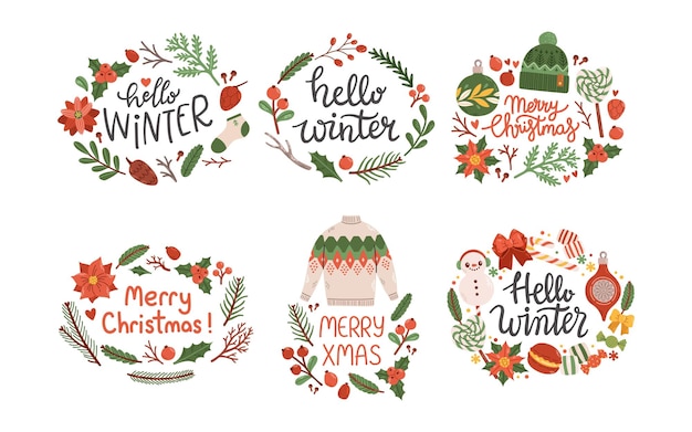 Merry Christmas with wreath hello winter lettering isolated flat design vector