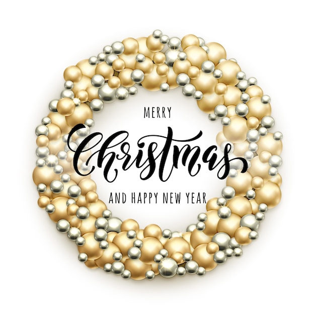 Merry Christmas wreath of golden and silver glass balls ornament decoration ball garland