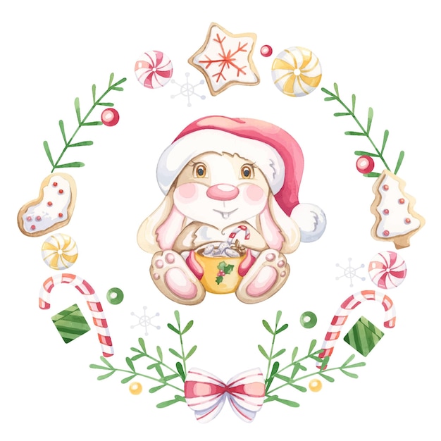 Merry Christmas wreath with rabbit white background