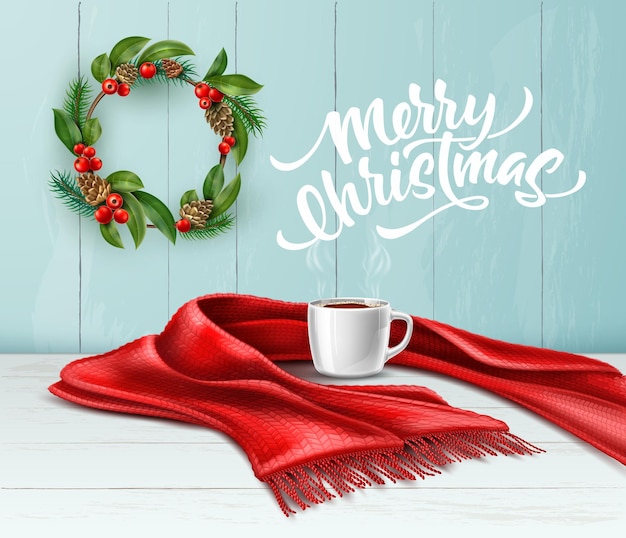  merry christmas wreath on wooden wall red knitted scarf with cup of hot coffee tea at table