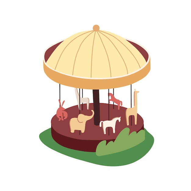 Merry go round roundabout Kids carrousel horse carousel with animals shapes Attraction in amusement park Summer outdoor entertainment in funfair Flat isolated vector illustration on white