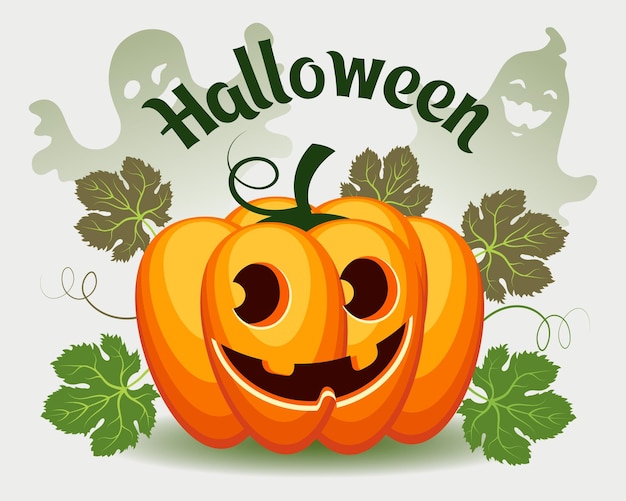 Merry haunted pumpkin and Halloween text. Festive illustration, poster, vector