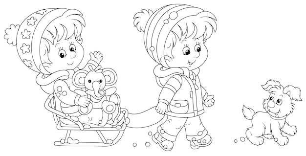 Merry little boy sledding a happy cute girl with a toy elephant and walking with a cheerful pup