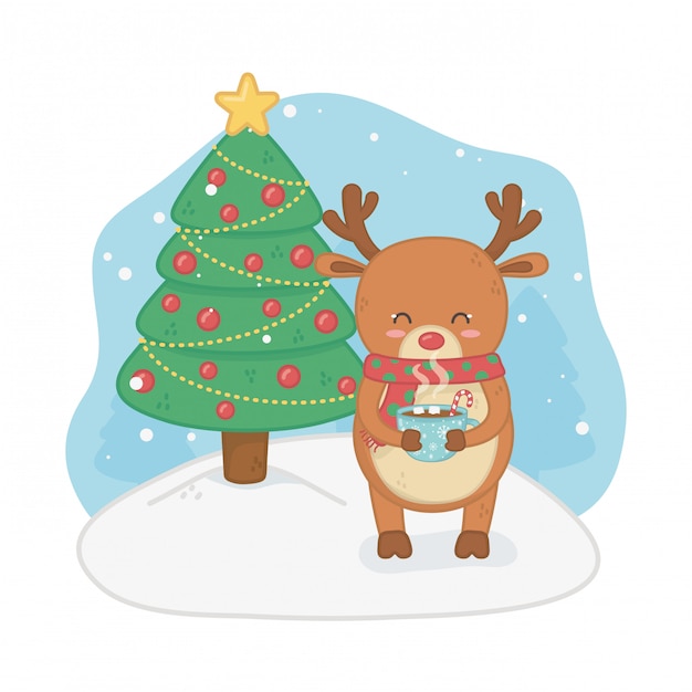 Merry merry christmas card with reindeer and pine