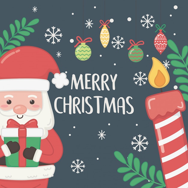 Merry merry christmas card with santa claus and gift