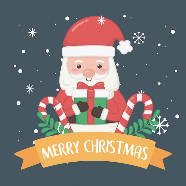 Merry merry christmas card with santa claus and sweet cane