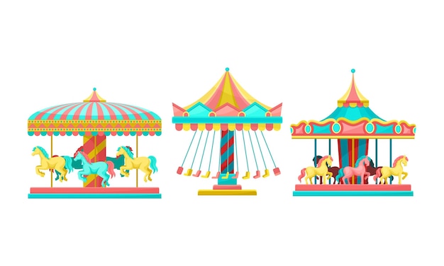 Vector merrygoround with horses as amusement or entertainment park attractions vector set