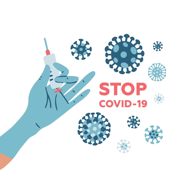 Vector mers-cov, covid-19, novel coronavirus vaccination, , virus being killed by vaccine injection. hand in blue medical glove holding syringe. stop covid-19 text concept.