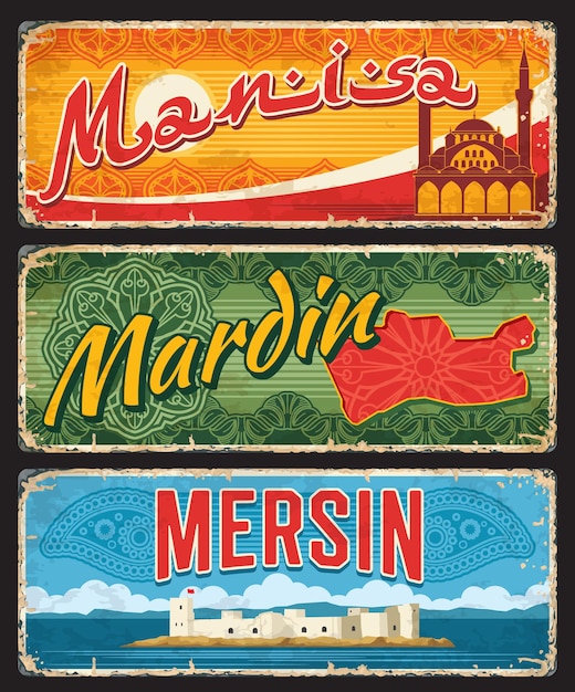 Mersin, Mardin and Manis Turkey province signs, plates. Turkish il provinces luggage tags