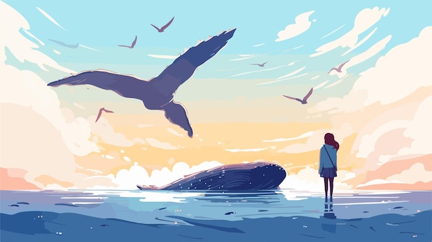 Vector mesmerizing scene of girl watching humpback whale soaring above deep blue sea