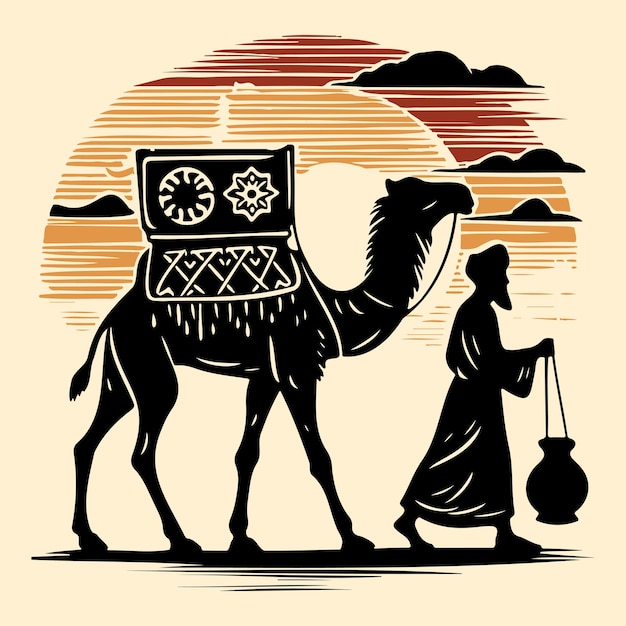 Vector mesopotamian trader with camel on a caravan route