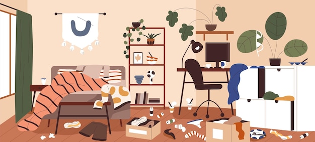 Mess and dirt in home room Messy dirty interior Chaos and disorder in apartment Unclean untidy house panorama with clothes clutter scattered stuff garbage Colored flat vector illustration