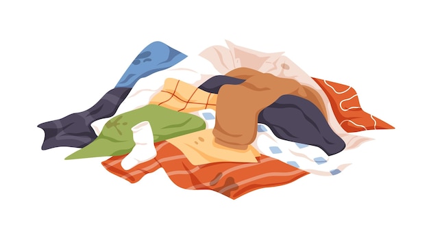 Vector mess of dirty laundry. pile of untidy stained clothes. heap of soiled spotted underwear, towels, t-shirts and other stinky apparel. colored flat vector illustration isolated on white background.