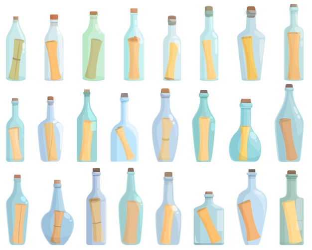 Message in the bottle icons set cartoon vector Paper cork