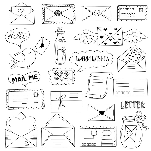 Messages, envelopes, letters in doodle style. Communication concept.