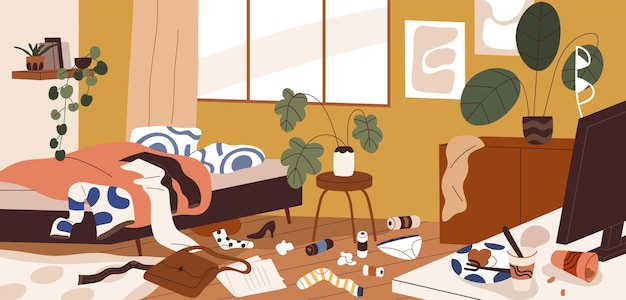 Messy dirty untidy chaotic home room. Mess, dirt, chaos in house interior. Disorder, scattered stuff, trash, clothes clutter lying around on floor in apartment. Colored flat vector illustration.