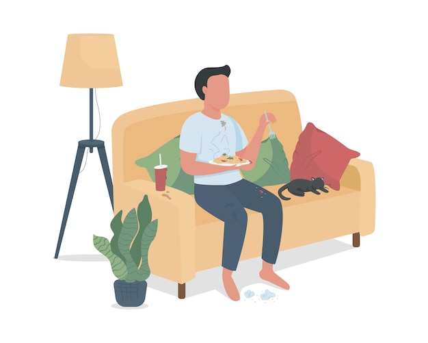 Messy man eating on couch semi flat color vector character