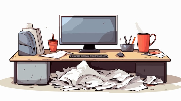 Vector messy office table with paper and computer cartoon illustration