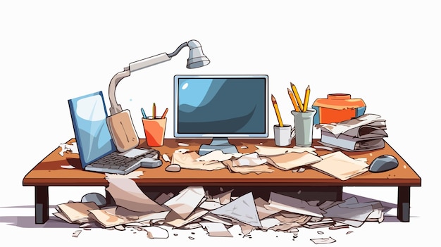 Messy Office Table with Paper and Computer Cartoon Illustration