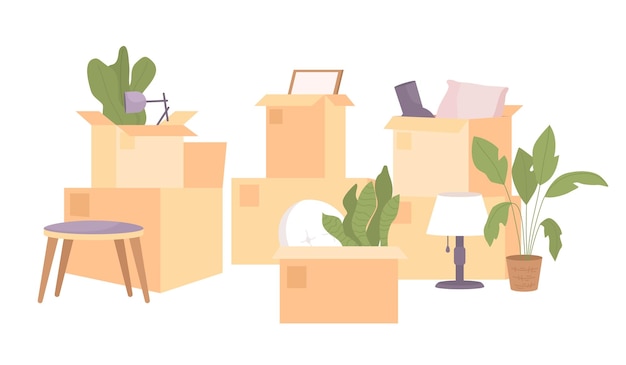 Messy pile of boxes with living room decor semi flat color vector objects