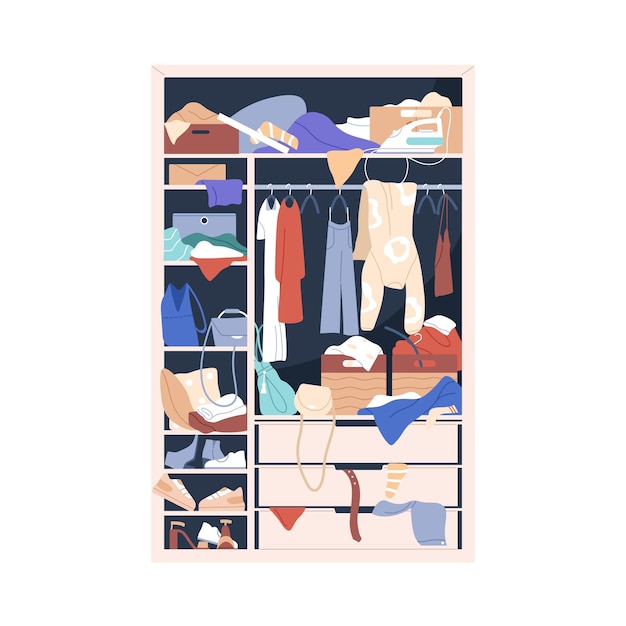 Messy wardrobe, closet. Mess, clutter and disorder inside open cupboard. Chaos, piles, heaps of clothes, scattered untidy stuff, accessories. Flat vector illustration isolated on white background.