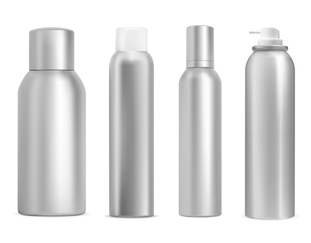 Metal aerosol can mockup. Aluminum deodorant spray bottle, silver plastic lid