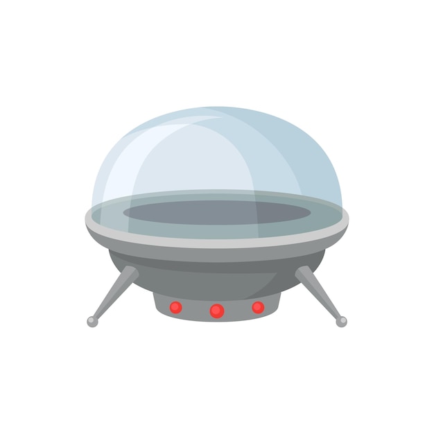 Metal alien spaceship with red lamps and glass cabin Futuristic extraterrestrial space craft Flying saucer Flat vector for mobile game