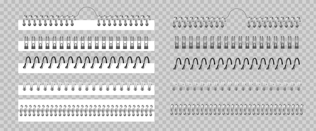 Vector metal binder realistic silver or black spiral coils for notebook 3d helical fastening sheets set and sketchbook bindings on transparent background vector wire for stitching pages