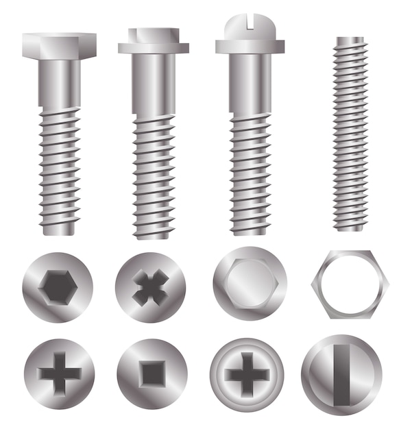 Metal bolt heads. Set of different screw heads types isolated