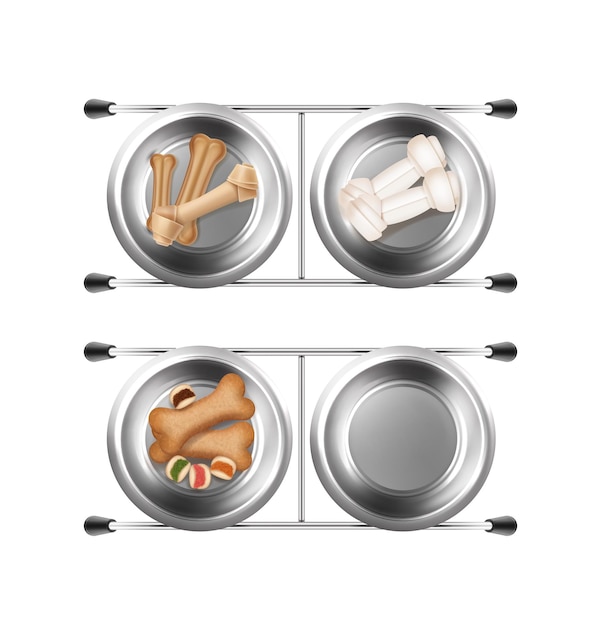 Metal bowls for pet feeding with bones and snacks 3d illustrations