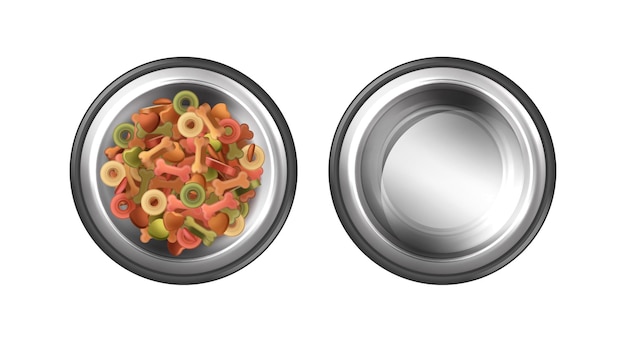 Metal bowls for pet feeding with pet food and water 3d illustrations