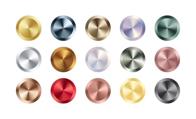 Metal chrome circle badge set. Metallic rose gold, bronze, silver, steel, holographic rainbow, golden buttons. Foil shiny