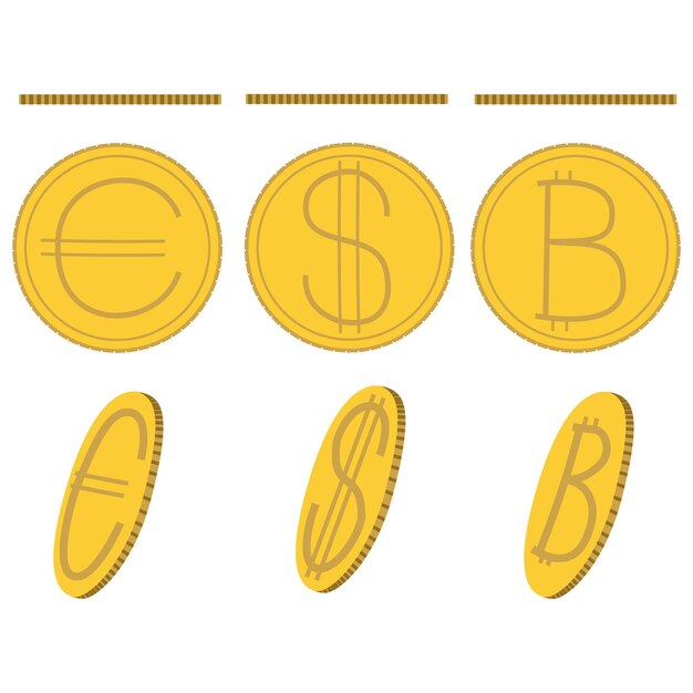 Metal coins of euro dollar and bitcoin in three projections on a white background Money illustration